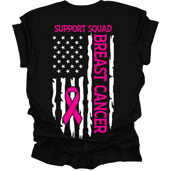 Womens Breast Cancer Awareness Breast Cancer Support Squad Patriotic Flag Short Sleeve T-shirt-Black-xxxl