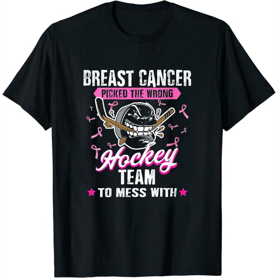 Womens Breast Cancer Awareness Month Hockey Team Pink Ribbon Round Neck T-Shirt Black Medium