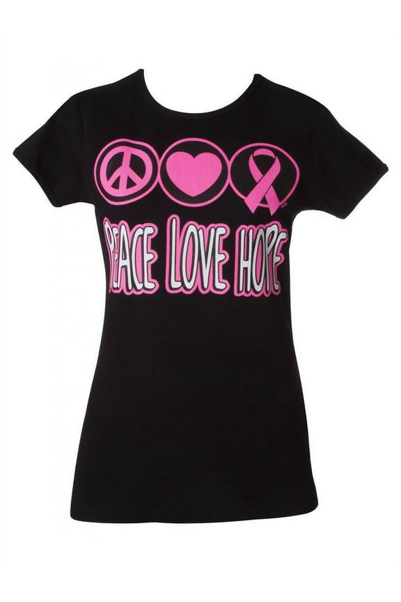 Womens Breast Cancer Awareness "Peace Love Hope" Black T-Shirt - X-Large