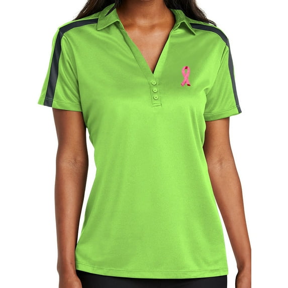 Womens Breast Cancer Awareness Ribbon Patch Polo Shirt - Lime/Steel Gray, 4XL