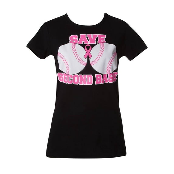 Womens Breast Cancer Awareness "Save Second Base" Black T-Shirt - Small