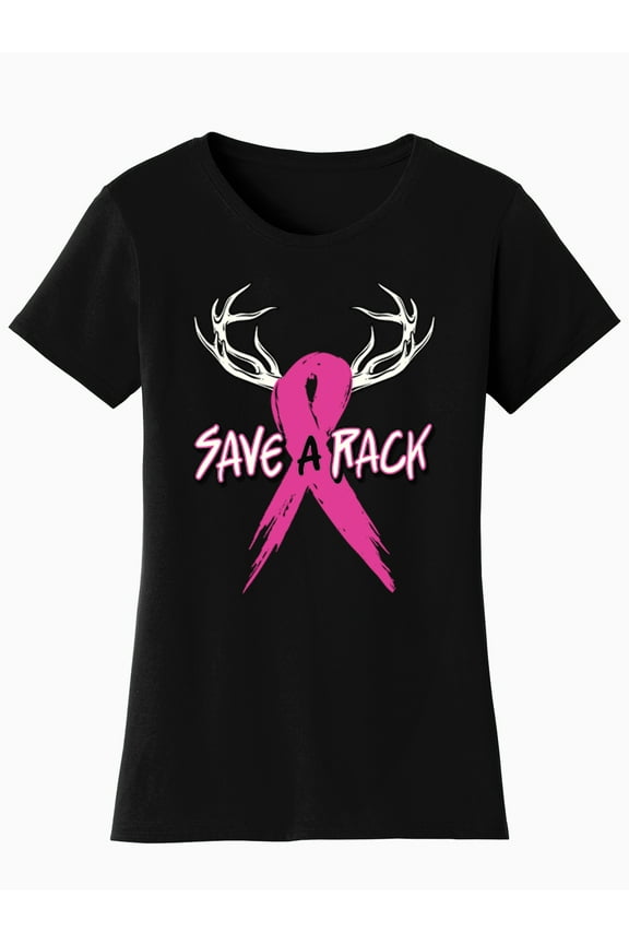 Womens Breast Cancer Awareness "Save a Rack" Black T-Shirt - Large