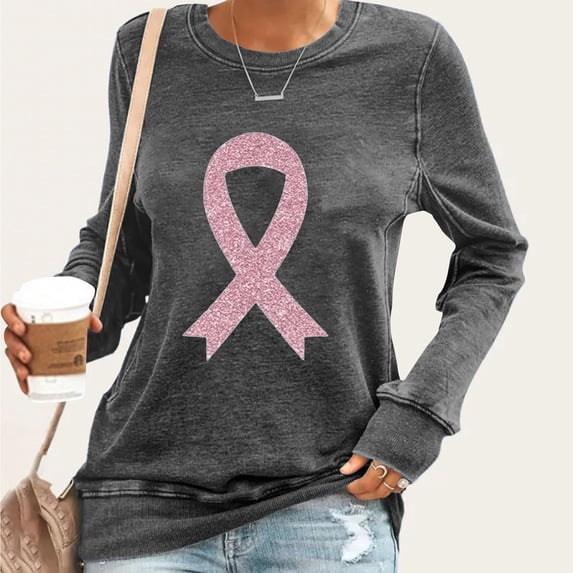 Womens Breast Cancer Awareness Shirt Casual Fall Long Sleeve Pink Ribbon Crewneck Blouses Fashion Loose Shirts Clotes Gray XXL