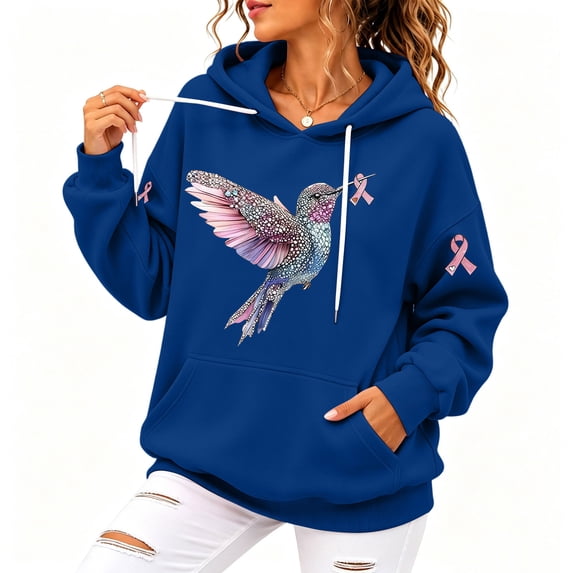 Womens Breast Cancer Awareness Shirt Long Sleeve Pink Ribbon Hummingbird Breast Cancer Hoodies October Breast Cancer Sweatshirt With Kangaroo Pocket