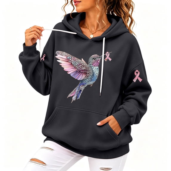 Womens Breast Cancer Awareness Shirt Long Sleeve Pink Ribbon Hummingbird Breast Cancer Hoodies October Breast Cancer Sweatshirt With Kangaroo Pocket