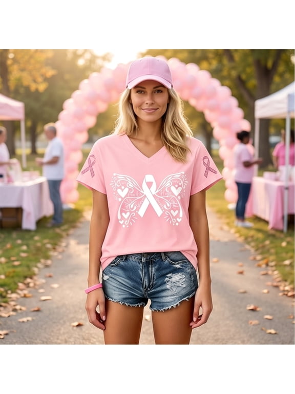 Womens Breast Cancer Awareness Shirt Pink Ribbon Short Sleeve T-Shirt Cancer Survivor Inspirational Tee