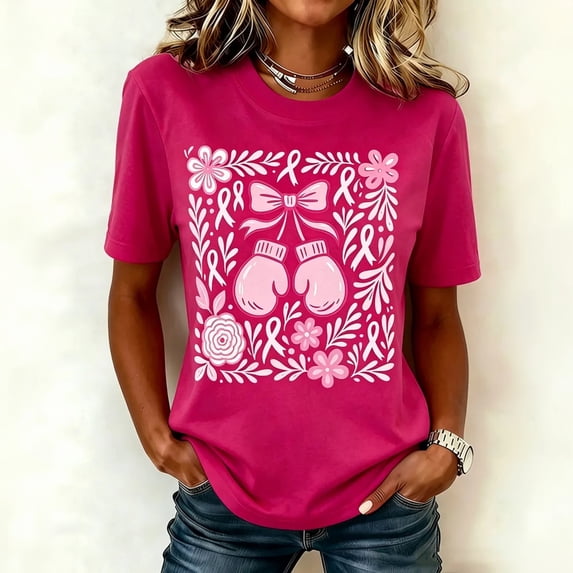 Womens Breast Cancer Awareness Shirt Short Sleeve Pink Ribbon Hummingbird Cross Floral Print T-Shirts Casual Support Warrior Crew Neck Tops