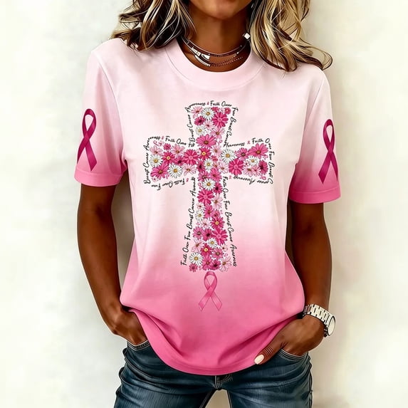 Womens Breast Cancer Awareness Shirt Short Sleeve Pink Ribbon Hummingbird Cross Floral Print T-Shirts Casual Support Warrior Crew Neck Tops