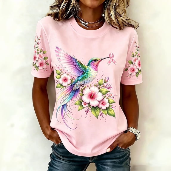 Womens Breast Cancer Awareness Shirt Short Sleeve Pink Ribbon Hummingbird Cross Floral Print T-Shirts Casual Support Warrior Crew Neck Tops