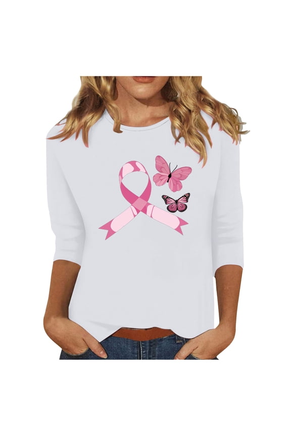Womens Breast Cancer Awareness Shirts Pink Ribbon Butterfly Graphic 3/4 Sleeve T-Shirts Cute Funny Breast Cancer Print Tunic Tops