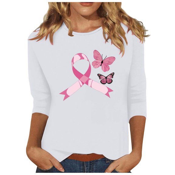 Womens Breast Cancer Awareness Shirts Pink Ribbon Butterfly Graphic 3/4 Sleeve T-Shirts Cute Funny Breast Cancer Print Tunic Tops
