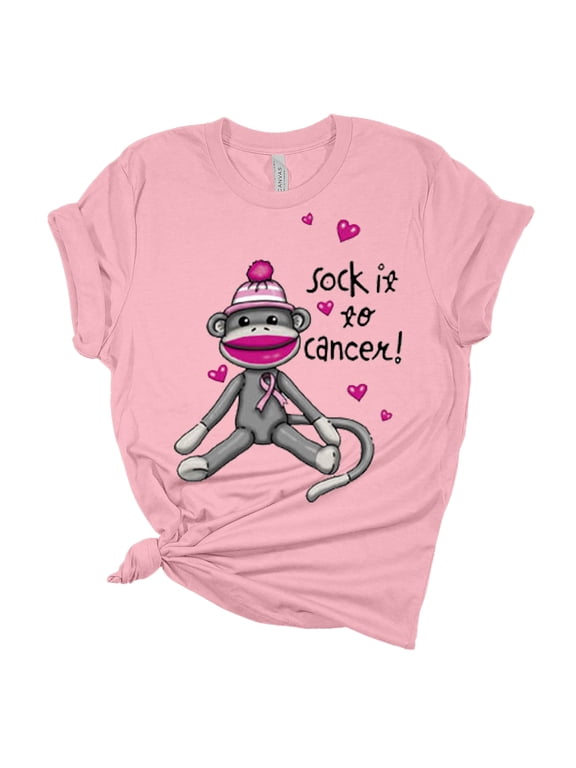 Womens Breast Cancer Awareness Sock It to Cancer Sock Monkey Short Sleeve T-shirt-Light Pink-xl