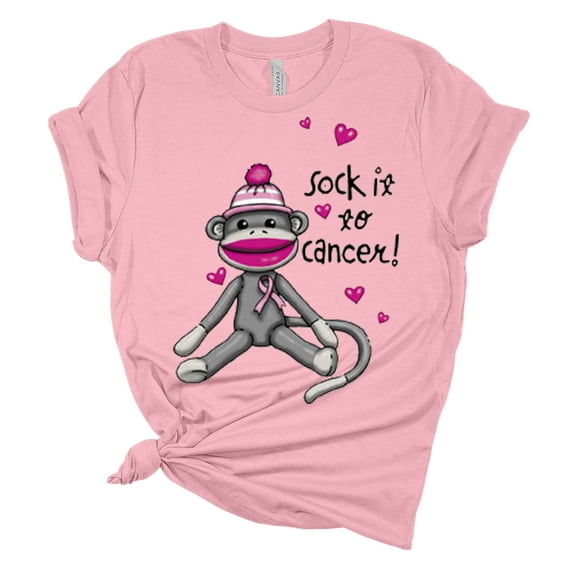 Womens Breast Cancer Awareness Sock It to Cancer Sock Monkey Short Sleeve T-shirt-Light Pink-xxxl