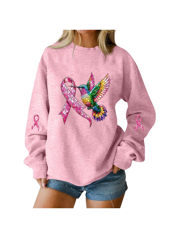 Womens Breast Cancer Awareness Sweatshirts Long Sleeve Drop Shoulder Crew Neck Pullover Colorful Hummingbird Pink Ribbon Graphic Fall Winter Tops Pink XXL