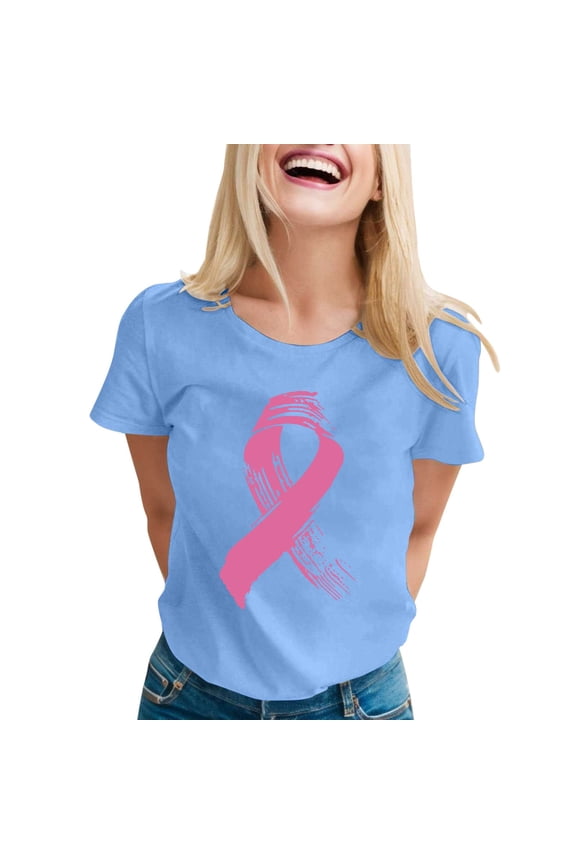 Womens Cancer Awareness T-Shirt V-Neck Support Cause Pink Ribbon Graphic Short Sleeve Tee Tops Blue