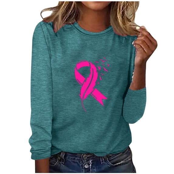 Womens Breast Cancer Awareness Tops Pink Ribbon Shirts Loose Fit Pullover Crewneck Long Sleeve Graphic Tees
