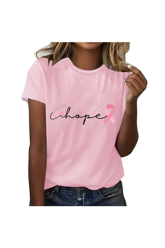 Womens Breast Cancer Awareness Tops Pink Ribbon T-Shirt Breast Cancer Warrior Squad Hope EKG Graphic Tees