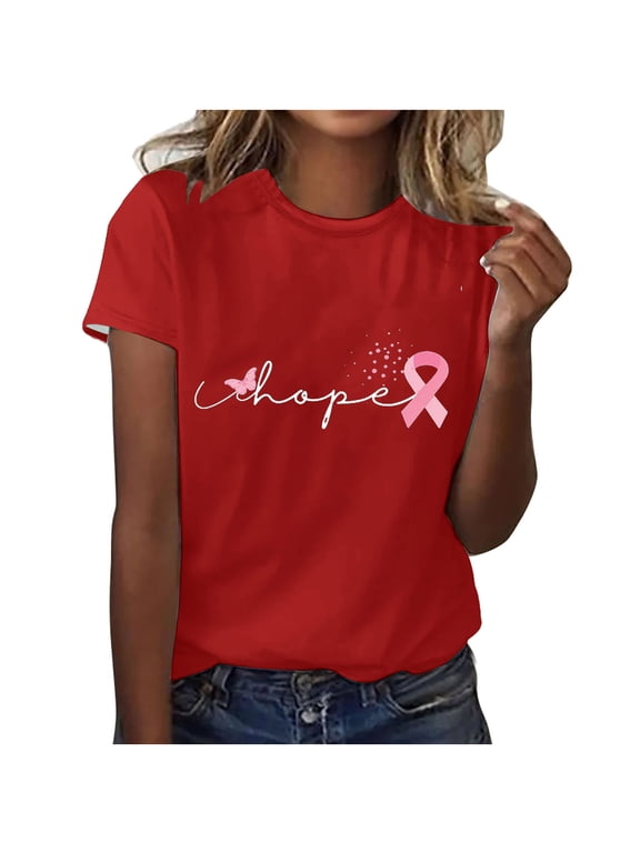 Womens Breast Cancer Awareness Tops Pink Ribbon T-Shirt Breast Cancer Warrior Squad Hope EKG Graphic Tees