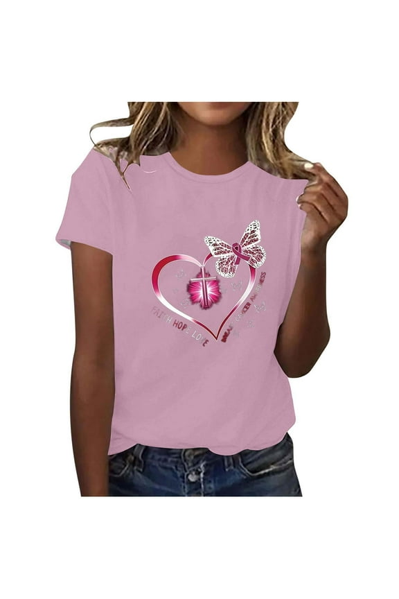 Womens Breast Cancer Awareness Tops Short Sleeve Pink Ribbon T-Shirt Crewneck Breast Cancer Warrior Support Faith Tees
