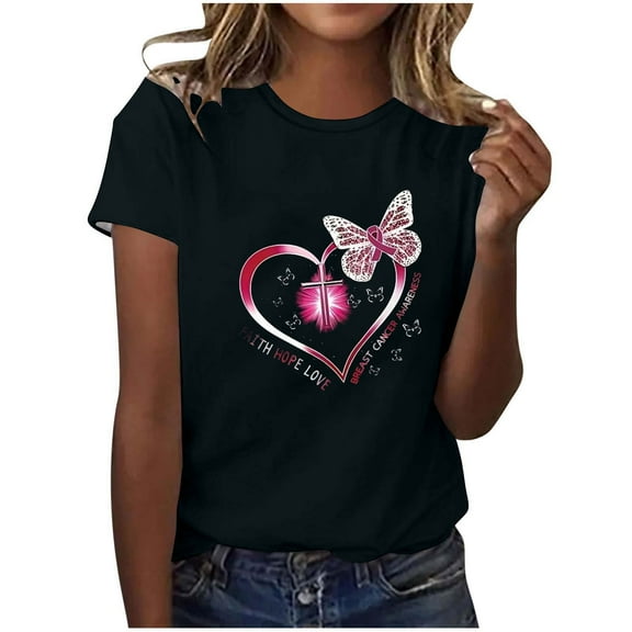 Womens Breast Cancer Awareness Tops Short Sleeve Pink Ribbon T-Shirt Crewneck Breast Cancer Warrior Support Faith Tees
