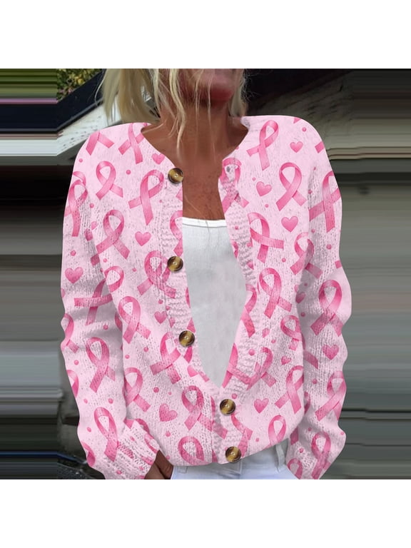 Womens Breast Cancer Cardigan Sweaters Pink Ribbon Pattern Sweaters Long Sleeve Button Down Open Front Breast Cancer Awareness Casual Outerwear Cardigans