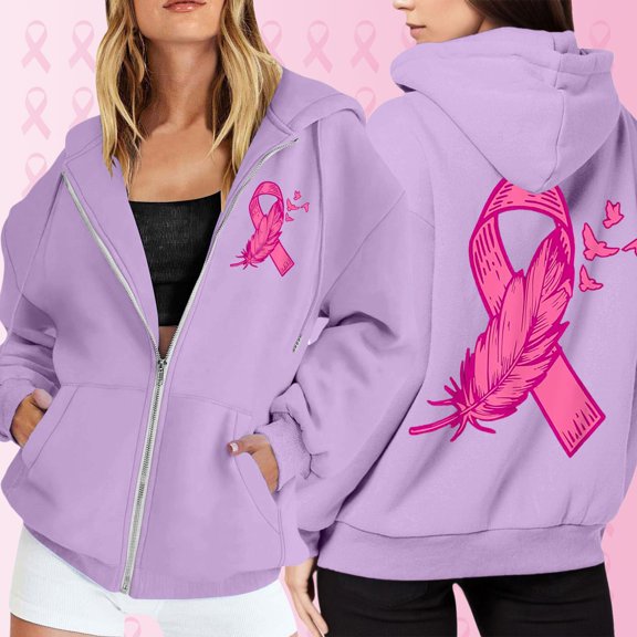 Womens Cancer Crewneck Jacket Pink Ribbon Printed Full Zip Up Hooded Sweatshirts Long Sleeve Long Sleeve Lightweight Loose Hoodies Top with Pocket