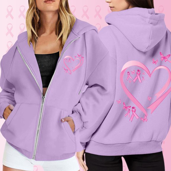 Womens Breast Cancer Hooded Sweatshirts Pink Ribbon Printed Long Sleeve Full Zip Up Jackets Crew Neck Basic Fall Trendy Winter Hoodies with Pocket