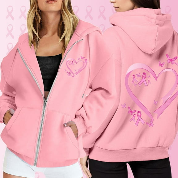 Womens Breast Cancer Hooded Sweatshirts Pink Ribbon Printed Long Sleeve Full Zip Up Jackets Crew Neck Basic Fall Trendy Winter Hoodies with Pocket