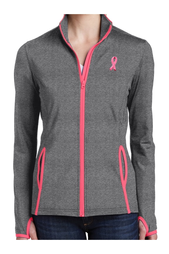 Womens "Breast Cancer Ribbon Patch" Full-Zip Jacket - Charcoal Grey/Hot Coral, Medium