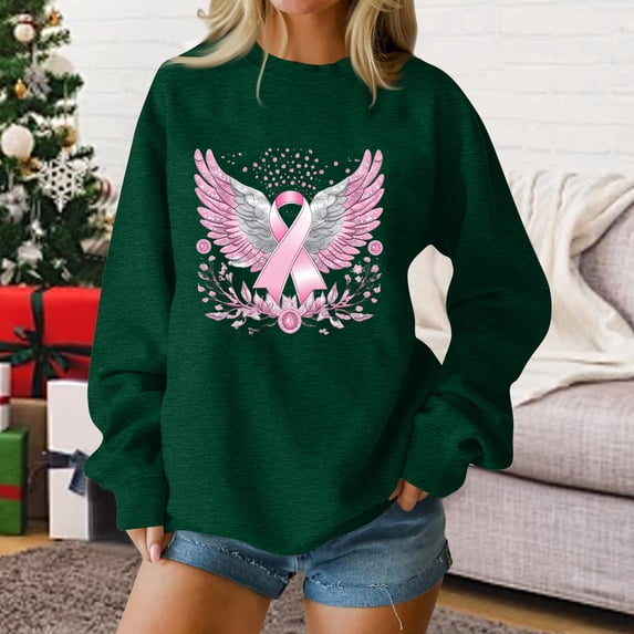 Womens Breast Cancer Shirt Long Sleeve Pink Ribbon Angel Wings Print Sweatshirt Breast Cancer Awareness Support Survivor Pullover Crew Neck Tops