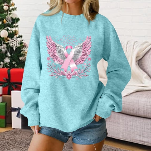 Womens Breast Cancer Shirt Long Sleeve Pink Ribbon Angel Wings Print Sweatshirt Breast Cancer Awareness Support Survivor Pullover Crew Neck Tops