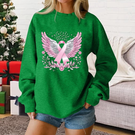 Womens Breast Cancer Shirt Long Sleeve Pink Ribbon Angel Wings Print Sweatshirt Breast Cancer Awareness Support Survivor Pullover Crew Neck Tops