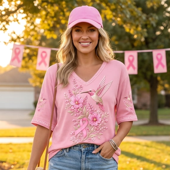 Womens Breast Cancer Shirts Pink Ribbon 3/4 Sleeve Vneck Shirt Cancer Awareness T-Shirt Spread The Hope Shirt