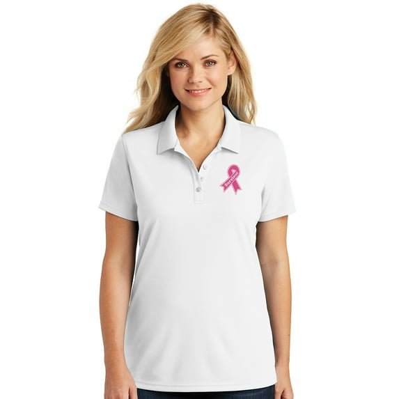Womens Breast Cancer Survivor Ribbon Patch Moisture-Wicking Polo Shirt, 2XL White
