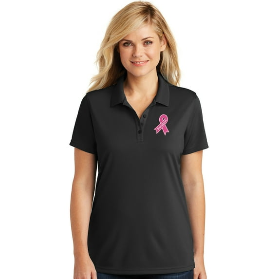 Womens Breast Cancer Survivor Ribbon Patch Moisture-Wicking Polo Shirt, Extra-Small Deep Black