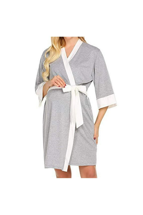 Womens Breastfeeding Gown Wrap V Neck 3/4 Sleeve Nursing Bathrobes Casual Loose Comfy Color Block Midi Robe with Belt
