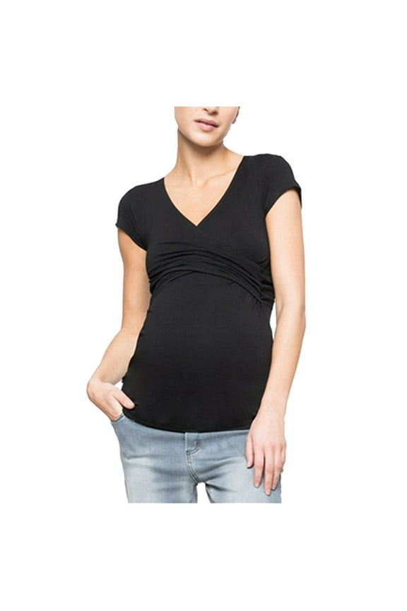 Womens Breastfeeding Short Sleeve Shirt Wrap V Neck Nursing T-Shirt Casual Stretch Solid Color Maternity Tops Summer Clothes