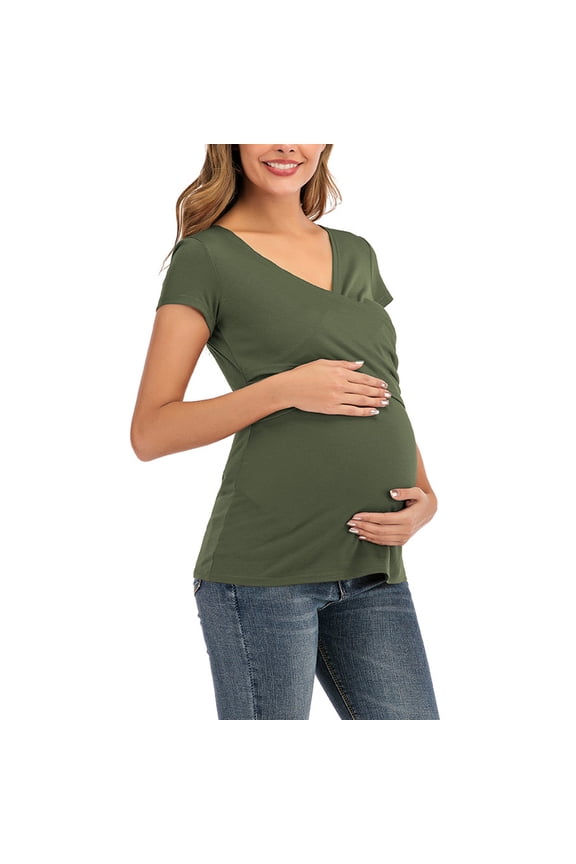 Womens Breastfeeding T-Shirt Wrap V Neck Short Sleeve Nursing Shirts Tunic Solid Color Maternity Tops