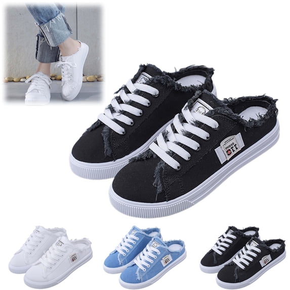 Womens Breathable Canvas Mule Sneakers,Lace-Up Design Slip-On Flat Shoes, Comfortable Casual Daily Walking