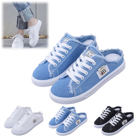 Womens Breathable Canvas Mule Sneakers,Lace-Up Design Slip-On Flat Shoes, Comfortable Casual Daily Walking