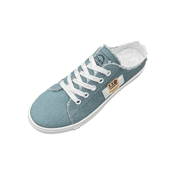 Womens Breathable Canvas Mule Sneakers, Round Toe Lace-Up Design Slip-On Shoes, Comfortable Flat Shoes for Casual Wear, 38