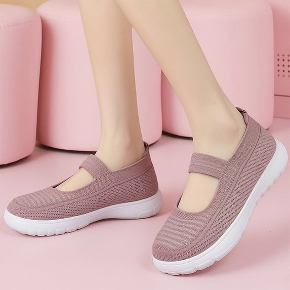 Womens Breathable Hollow Knit Mesh Mary Jane Flats, Elastic Strap Slip On Walking Shoes, Shock Absorbing Light Soft All Match Daily Footwear