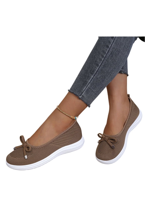 Womens Breathable Knit Mesh Slip On Loafers Casual Bow Ballet Flats Shoe Comfortable Round Toe Lightweight Orthopedic Low Top Nurse Walking Shoe, 36