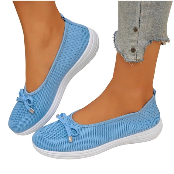 Womens Breathable Knit Mesh Slip On Loafers Casual Bow Ballet Flats Shoe Comfortable Round Toe Lightweight Walking Shoe Business Office