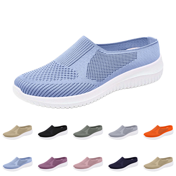Womens Breathable Knit Slip-On Walking Shoes Comfortable Summer Slip on Loafers Width Orthopedic Casual Backless Sneakers Dressy Flat Clogs Tennis Mules and Slide in with Arch Support Light Blue