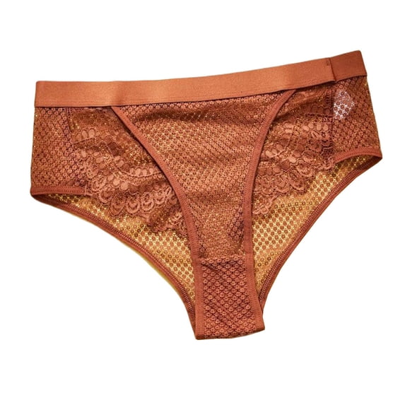 VONCOS Womens Breathable Lace Trim Underwear Mid Rise Mesh Briefs Wide Waistband Soft Panties Brown,Size S