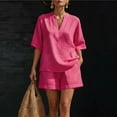 thumbnail image 1 of Womens Breathable Linen Outfit V-Neck Oversized T-Shirt with Shorts Loose Casual Summer Vacation Wear M, 1 of 5