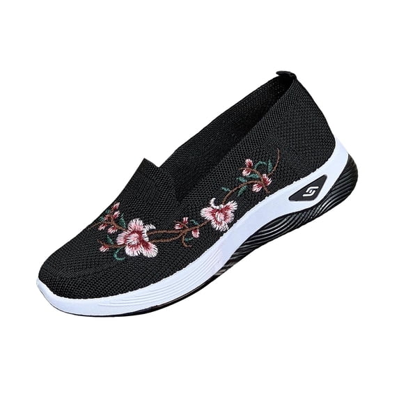 Womens Breathable Mesh Floral Embroidery Slip On Walking Shoes Lightweight Platform Casual Sneakers Black,Size 6