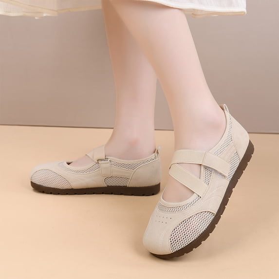 Womens Breathable Mesh Mary Jane Flats, Adjustable Cross Strap Cutout Walking Shoes, Light Cushioned Anti Slip Casual Loafers
