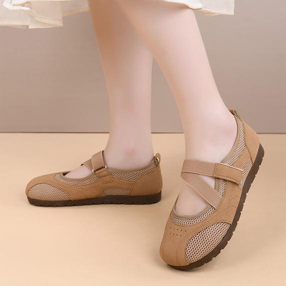 Womens Breathable Mesh Mary Jane Flats, Adjustable Cross Strap Cutout Walking Shoes, Light Cushioned Anti Slip Casual Loafers